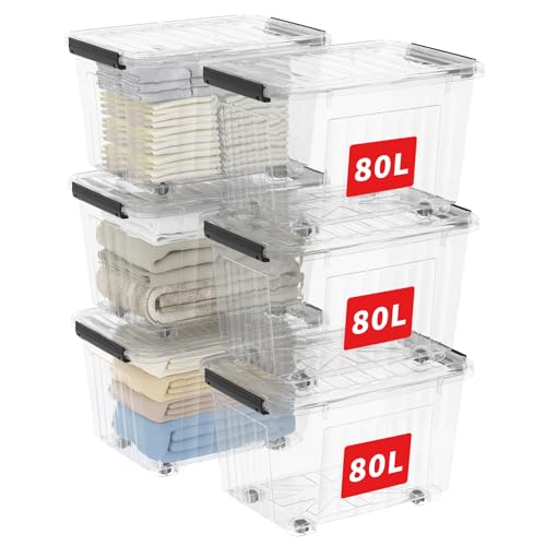 Cetomo 80L*6 Plastic Storage Boxes with Wheels, Lidded Storage Box with Secure Side Latches, PP Nestable and Stackable Clear Organizer for Home, Office, Moving, Transparent, 80L-6 Pack