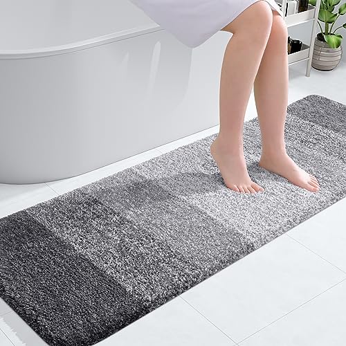 OLANLY Bathroom Rug Mat 59x20, Extra Soft and Absorbent Microfiber Bath Rugs, Non-Slip Plush Shaggy Bath Carpet Runner, Machine Wash Dry, Bath Mats for Bathroom Floor, Tub and Shower, Grey