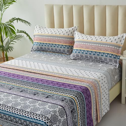 DJY Boho Sheet Set Queen Size Purple Bohemian Striped 4 Piece Bed Sheets 14'' Deep Pocket Indian Tribal Mandala Floral Retro Bedding Sheets(1 Flat Sheet, 1 Fitted Sheet, 2 Pillowcases)