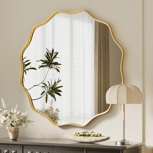 "VooBang Gold Scalloped Circle Mirror, 30"" Wavy Edge Round Wall Mirror - Tempered Glass Textured Circular Metal Deep Frame, Hanging Leaning for Bathroom, Hallway, Entryway, Livng Room"