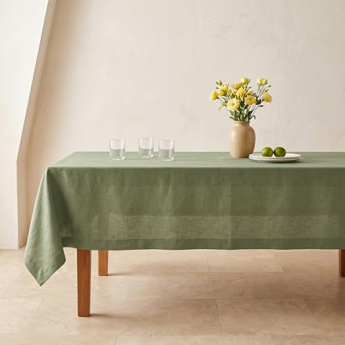 Solino Home 100% Pure Linen Tablecloth Green Rectangular, Fete 60 x 120 in - for dining, home decor, party, wedding, oil green, indoor outdoor, gift, OEKO-TEX Certified - Fall, Thanksgiving, Christmas