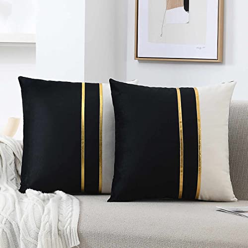 WACOMECO Velvet Throw Pillow Covers - Pack of 2 Soft Decorative Cushion Covers Cases with Gold Leather for Sofa Bedroom Livingroom Car, 18 x 18 in, Black and White