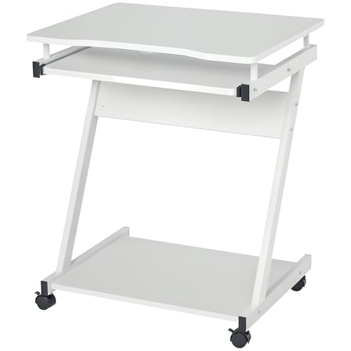 HOMCOM Mobile Computer Desk, Z-Shaped Writing Desk, PC Table for Small Spaces, Workstation with 4 Wheels & Sliding Keyboard for Home Office, Easy Assembly, White