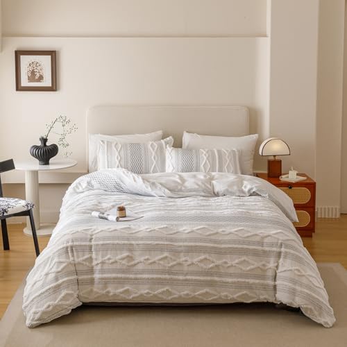 KAREVER Ivory Black Boho Comforter Set Queen Mixed Textures Jacquard Bedding Set Durable Chic and Stylish Bedroom Set