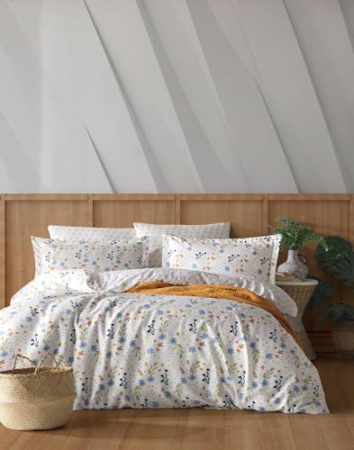Nuit Des Rêves 100% Cotton Ranforce Pillowcase (80 x 80 cm), White/Orange/Blue, Machine Washable at 40°C, 145 Thread Count - Soft & Stylish for Cosy Bedrooms