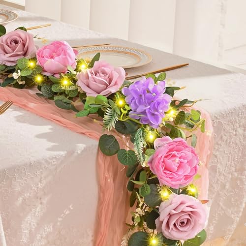 Livole 6 FT Artificial Flower Garland with Lights Pink Fake Roses Peony Floral Garland with Eucalyptus, Hanging Vine for Wedding Arch Table Centerpieces Backdrop Party Home Decorations