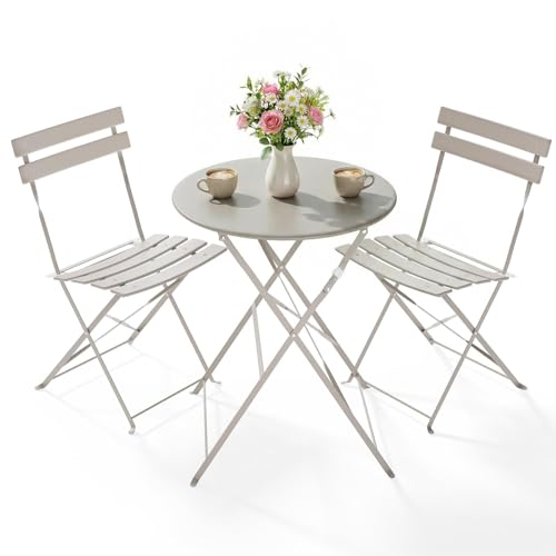 Clevich 3-Piece Folding Patio Bistro Set for Outdoor, Lightweight Rustproof Metal Table & 2 Chairs, Balcony Garden Furniture, 3 Colours Available (taupe)