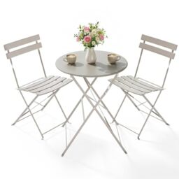 Clevich 3-Piece Folding Patio Bistro Set for Outdoor, Lightweight Rustproof Metal Table & 2 Chairs, Balcony Garden Furniture, 3 Colours Available (taupe)