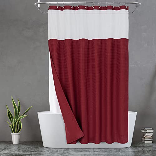 N&Y HOME Waffle Weave Shower Curtain with Snap-in Fabric Liner & 12 Metal Hooks Set - Hotel Style, Waterproof & Washable, Heavyweight Fabric & Mesh Top Window - 71x72, Wine Red