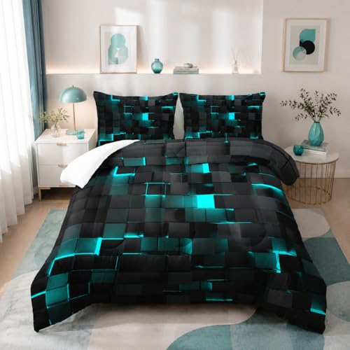 Geometric Turquoise Black Comforter Set,Light Honeycomb 3 Piece Bedding Set Full Size for Teen Boys,Modern Quilt Set Geometry Decor,Microfiber Lightweight 1 Comforter 2 Pillowcases All Season