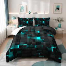 Geometric Turquoise Black Comforter Set,Light Honeycomb 3 Piece Bedding Set Full Size for Teen Boys,Modern Quilt Set Geometry Decor,Microfiber Lightweight 1 Comforter 2 Pillowcases All Season