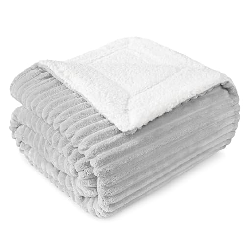 PAVILIA Light Gray Sherpa Fleece Throw Blanket for Couch Twin, Soft Plush Fuzzy Blankets, Fluffy Flannel Sherpa Blanket for Bed, Warm 3D Ribbed Winter Blanket Gift, 60x80 inches