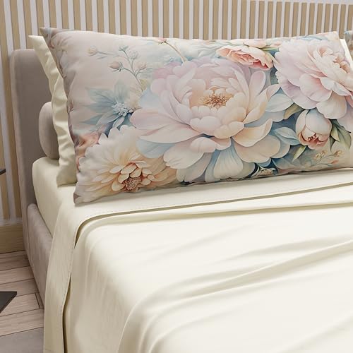 PETTI Artigiani Italiani - Double Bed Sheets Cotton with Pillowcases in Digital Print, Complete Sheet for Double Bed Maxi Bed with Floral Pattern 35 Cream, 100% Made in Italy