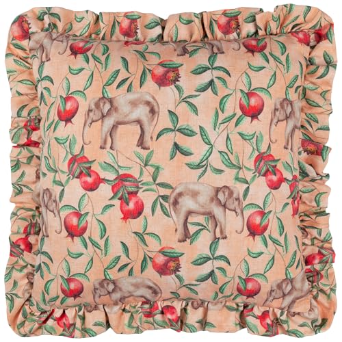 furn. Wylder Tropics Okara Elephant Printed Ruffle Feather Filled Cushion - Peach/Linen - 50x50cm