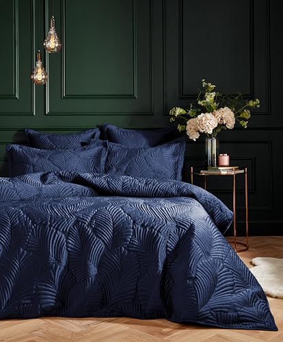 Paoletti Palmeria Quilted Duvet Cover Set – Luxe Embroidered Velvet Bedding (Navy – King)