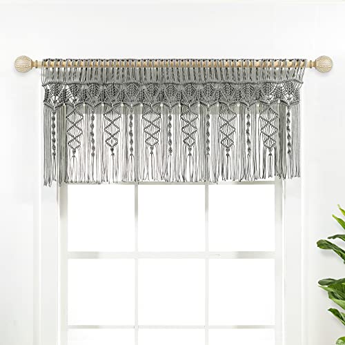 "Lush Decor Boho Macrame Textured Cotton Valance/Kitchen Curtain/Wall Décor, 20"" L x 50"" W, Gray"