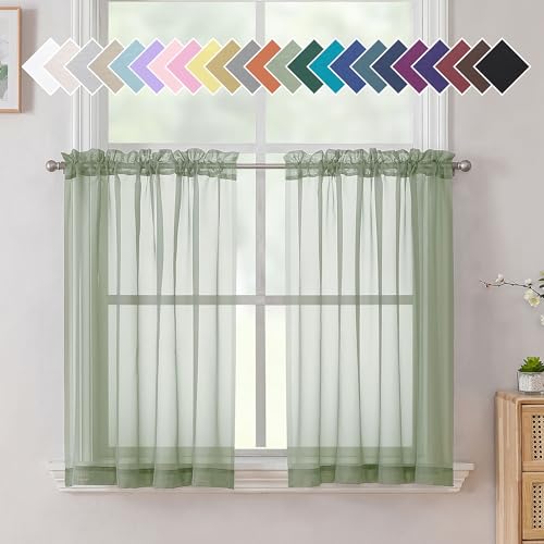 "Aiyufeng Sage Green Sheer Curtains, 36 Inch Long, 2 Panels - Kitchen & Bathroom Cafe Curtains, Rod Pocket, 40"" W x 36"" L"