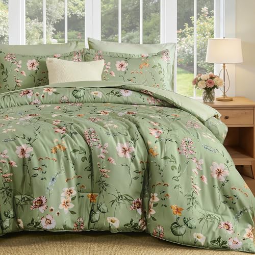 DJY Floral Comforter Set King Size,Sage Green Botanical Bedding Comforter Sets,7 Pieces Bed in a Bag Lightweight Microfiber Comforter Set with Sheets Pillowcases & Shams for All Seasons