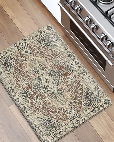 DEXI Kitchen Mats for Floor Cushioned, 23x35 Wide Runner Rug Non Slip, Waterproof Soft Comfort Standing Padded Anti Fatigue Decorative, Cream and Red