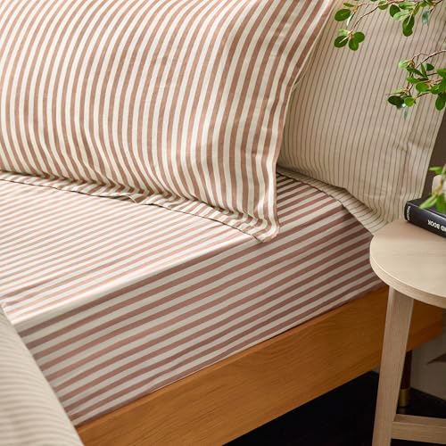 Furn. Yard Hebden 100% Cotton Striped Fitted Bed Sheet – Soft Textured Mélange Design (Pecan – Single)