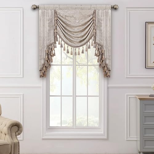 Loom and Mill Luxury Jacquard Waterfall Valance for Living Room, Floral Damask Swag Window Valances with Multi-Tassels, Elegant Swag Curtains for Bedroom Holiday Banquet Decor(W39, Light Taupe+Gold)