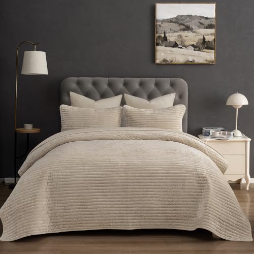 "PHF Luxury Velvet Quilt Set King Size ??? 3PCS Ultra Soft Quilted Comforter Alternative with Striped Channel, Cozy Quilted Bedspread, 1 Coverlet with 2 Matching Shams, 108"" x 92"", Oxford Tan"