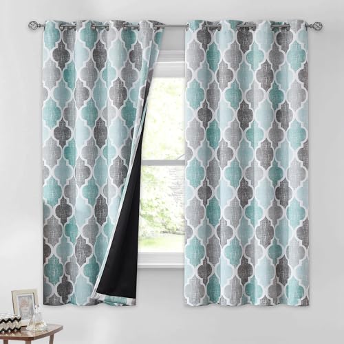 Beauoop Moroccan 100% Blackout Curtains Bedroom Aqua Grey 50x45 2 Panels - Geometric Room Darkening Drapes for Living Room 45 Inch Long Thermal Insulated Soundproof Lattice Window Treatment Grommet