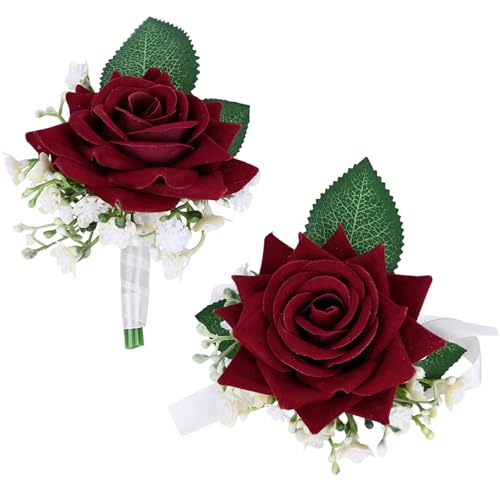 MAFELOE 2Pcs Boutonniere Wrist Corsage Set, Artificial Flowers Men Women Corsage Boutonniere, Bride Groom Wedding Prom Party Suit Decor- Burgundy+White
