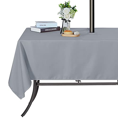 SARAFLORA Outdoor Tablecloth with Umbrella Hole and Zipper Waterproof Table Cloth for Rectangle Tables Washable Spill-Proof Table Cover for Spring/Summer/Patio/Picnic/BBQS/Party (60X102inch, Silver)
