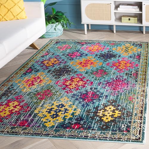 Safavieh Boho Chic Indoor Woven Rectangle Area Rug, Monaco Collection, MNC244, in Blue / Multi, 155 X 231 cm for Living Room, Bedroom or Any Indoor Space