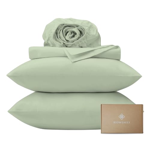 "BIOWEAVES 100% Organic Cotton Sheets, 300 Thread Count 3-Piece GOTS Certified Bed Sheet Set Fits Mattress Upto 17"" Deep Pocket, Soft & Silky Sateen Weave (Twin XL, Pastel Green)"