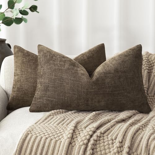 Foindtower Pack of 2 Textured Chenille Throw Decorative Pillow Covers Square Accent Solid Cushion Cover Neutral Farmhouse Lumbar Pillow Case for Couch Sofa Bedroom Living Room 12x24 Inch,Taupe Brown