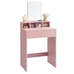 blush pink dressing table Ktaxon Pink Lighted Makeup Vanity Table Set, 5 Drawers, Sliding Mirror with  3 Light Modes