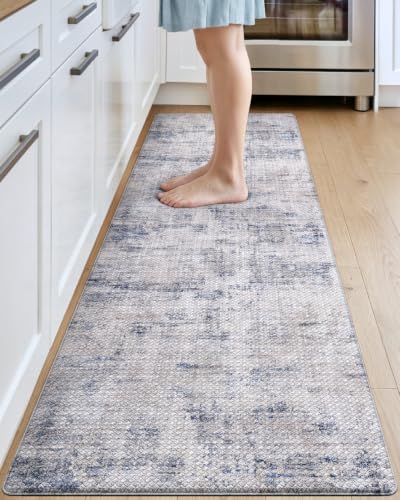 DEXI Kitchen Floor Mats Cushioned Anti Fatigue, 23x86 Long Wide Standing Comfort Runner Rug, Waterproof Retro Floral Memory Foam Padded for Front Sink Laundry, Blue