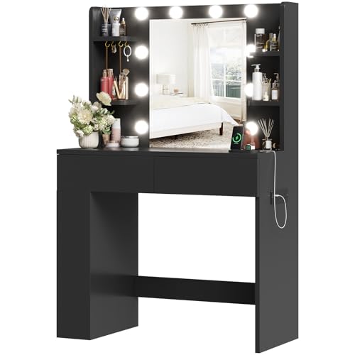 JUMMICO Dressing Table with Lighting and Mirror 55 x 45 cm, Modern Makeup Table with Socket and USB Ports, 3 Colour Modes, 2 Drawers & Adjustable Side Box, for Bedroom, Black