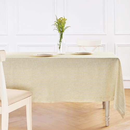 Solino Home 100% Pure Linen Tablecloth, 60 x 144 in, Mustard, Narrow Stripe - a crisp cover for everyday and festive dining, woven stripe, European flax fibres, betters with age, soft, OEKO-TEX Certified