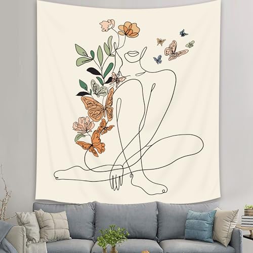 SVBright Abstract Woman Butterfly Fabric Wall Hanging Tapestry 51Wx59H Inch Minimalist Modern Flower Plant Mid Century Terracotta Aesthetic Portrait Beige Home Decor Art for Living Room Bedroom Dorm