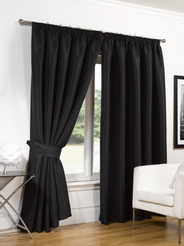 "Dreamscene Luxury Faux Silk Blackout Thermal Soft Pencil Pleat Lined Curtains With Tiebacks - Black 46"" x 72"""