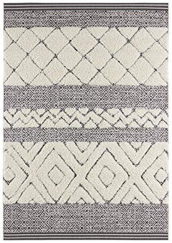 Mint Rugs Todra Rug - Living Room Rug Flat Woven with High Pile Details in Ethnic Design, Cuddly Vintage Runner for Living Room, Bedroom, Dining Room, Hallway, Black Cream, 120 x 170 cm