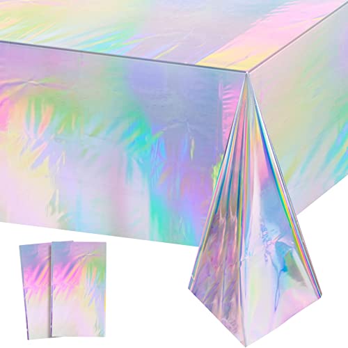 "2 Pack Iridescence Plastic Tablecloths Shiny Disposable Laser Rectangle Table Covers Holographic Foil Tablecloth Iridescent Party Decoration Birthday Bridal Wedding Christmas 54"" x 108""(Laser)"