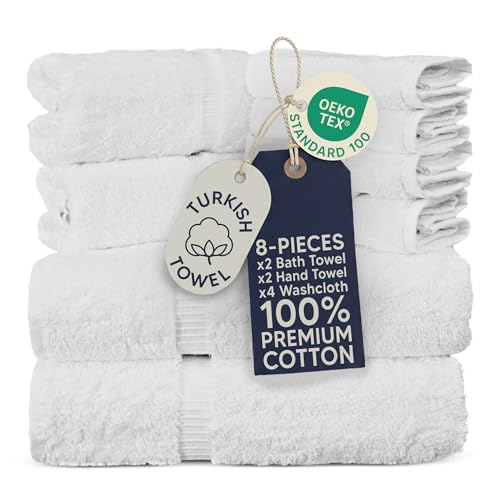 Towel Bazaar Premium Turkish Cotton Super Soft and Absorbent Towels (8-Piece Towel Set, White)