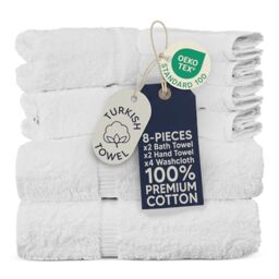 Towel Bazaar Premium Turkish Cotton Super Soft and Absorbent Towels (8-Piece Towel Set, White)
