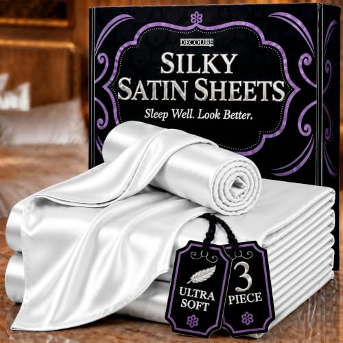 DECOLURE Satin Bed Sheets - 3 Piece Luxury Silky Twin Size Bedding Set - Softer Than Silk, Wrinkle-Free with 15??? Deep Pocket Fitted Sheet, Perfect for Hair & Skin, Gifts for Women (White)