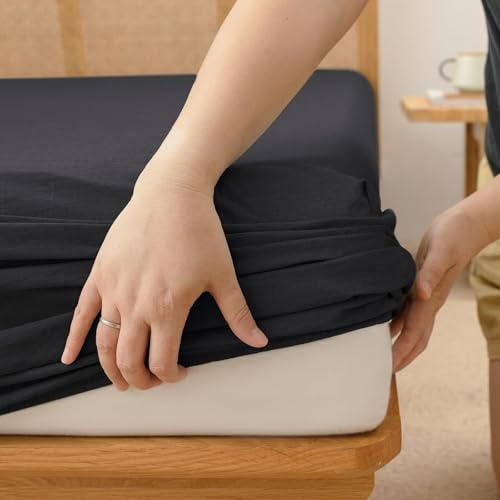 BESTOUCH California King Fitted Bottom Sheet???100% Washed Cotton Linen-Like - 16-19 Inch Deep Pocket Fits Mattress - Fade Resistant Soft Comfy Durable Easy Care