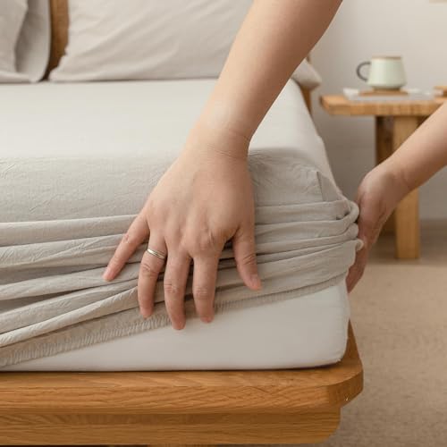 BESTOUCH Twin Fitted Sheet Bedding - Bottom Sheet - Breathable - 100% Washed Cotton Linen-Like - 17 Inch Deep Pocket Fits Mattress - Fade Resistant Soft Comfy Durable Easy Care Linen Grey