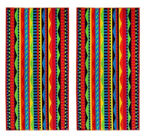 COTTON CRAFT Oversized XL Beach Towels - 39 x 68 inches - 2 Pack - Big & Huge Plush Soft Absorbent Quick Dry 450 GSM Jacquard Terry Velour 100% Cotton Pool Bath Towel - Cozumel Red Blue Yellow