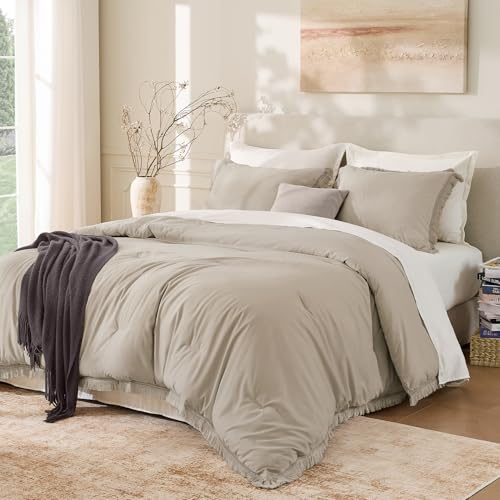 Andency Comforter Queen Oatmeal, 3 Pieces Boho Winter Bedding - Lightweight Comforter Sets, All Season Tassel Bed Set (1 Comforter 90x90 & 2 Pillowcases)