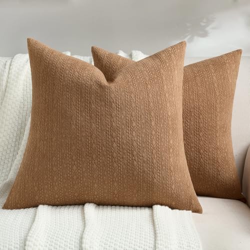 FUTEI Pack of 2 Solid Chenille Throw Pillow Covers 16x16 Inch Soft Farmhouse Decorative Accent Cushion Cases Modern Home Decor for Couch Living Room, Tobacco