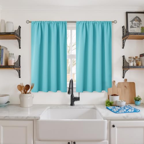BGment Aqua Blackout Curtains 40 Inch Length for Kitchen Window - Short Thermak Insulated Drapes with Rod Pocket Privacy Darkening for Cafe Bathroom Windows, 2 Panels, 42 X 40 Inch