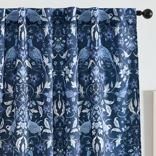 HLC.ME Florence Floral & Birds Patterned Window Back Tab Rod Pocket Print Curtains Bedroom - Light Blocking Darkening Window Panels, Set of 2 (Indigo Blue, 52 W x 84 L)